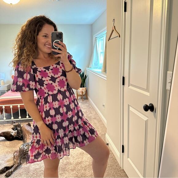 Banjanan Pink Purple Block Printed Ikat Cotton Square Neck Mini Dress Small - Picture 3 of 13